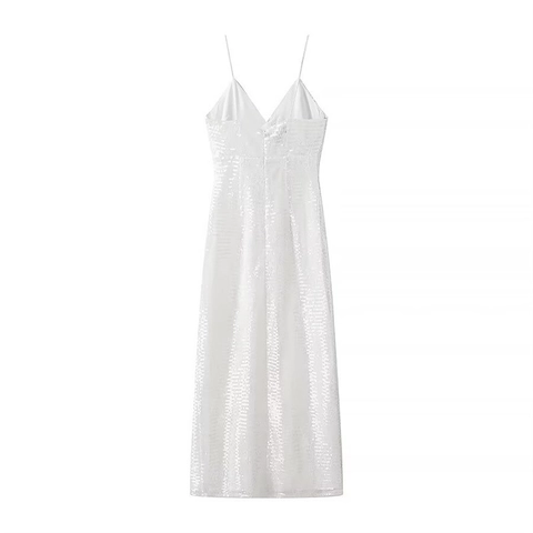 Damen Sexy Elegant Weiß Pailletten Spaghetti-Träger V-Ausschnitt Hoher Schlitz Midi Maxi Kleid Für Party Abend Bankett Formell