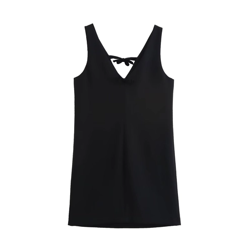 Vestido Mini Sin Mangas Elegante Con Cuello En V Y Lazos De Terciopelo En La Espalda Negro Moda Corto Línea A Para Mujer