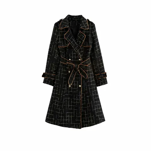 Γυναικεία Κομψή Καπαρντίνα Tweed Plaid Διπλό Κουμπί Πέτο Μακρυμάνικο Σακάκι Με Ζώνη Για Φθινόπωρο Χειμώνα Μόδα