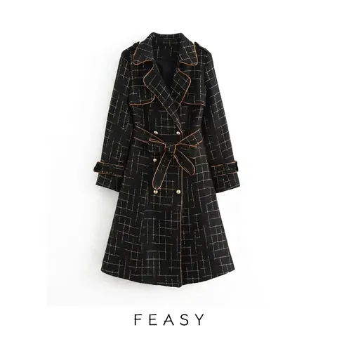 Gabardina Elegante de Tweed a Cuadros para Mujer Chaqueta de Manga Larga con Doble Botonadura y Solapa con Cinturón