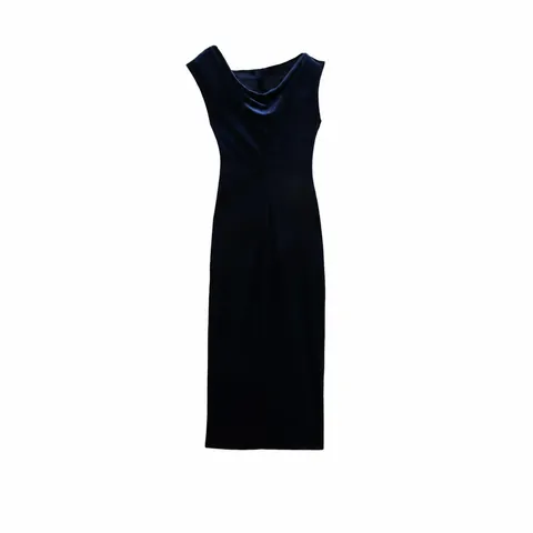 Elegante Abito Midi in Velluto Senza Maniche Scollo a Cappuccio Aderente Blu Marino per Festa Serale Banchetto Vestito Donna Formale