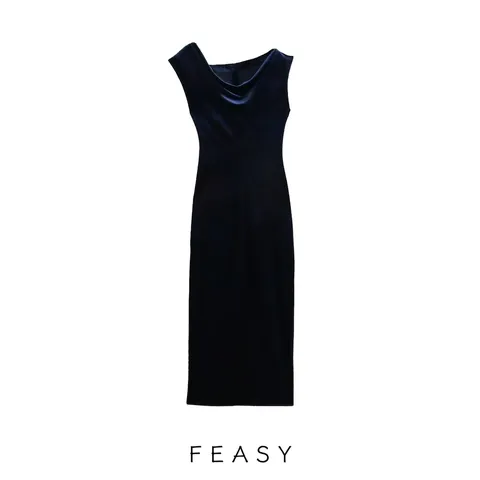 Eleganter Samt Midi Kleid Ärmellos Wasserfall Ausschnitt Schlank Navy Blau Abend Party Bankett Kleid Damen Luxus Formelles Kleid