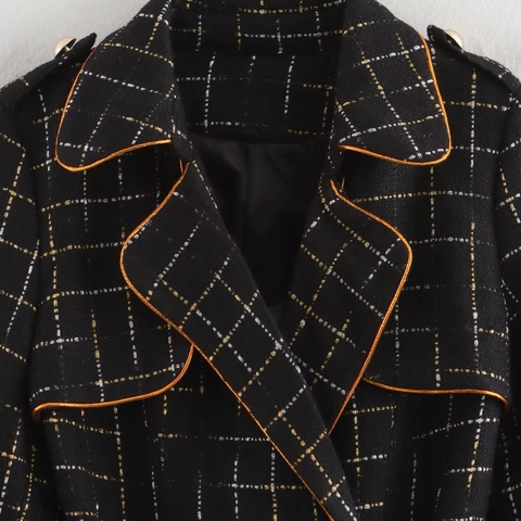 Gabardina Elegante de Tweed a Cuadros para Mujer Chaqueta de Manga Larga con Doble Botonadura y Solapa con Cinturón