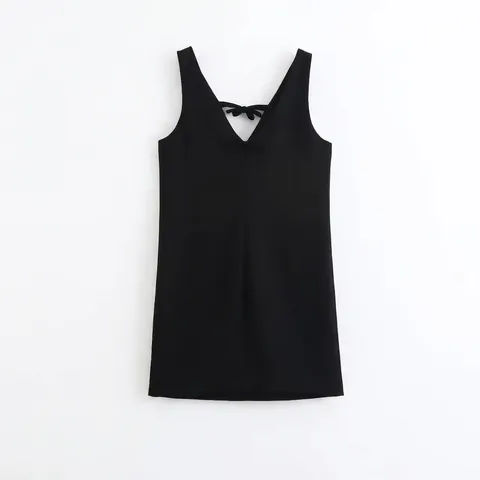Eleganter Ärmelloser Mini Kleid Mit V-Ausschnitt Samtschleife Am Rücken Schwarz Mode Kurz A-Linien Pullover Kleid Damen