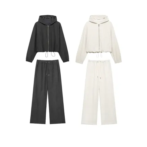 Women Casual Hooded Zip Up Jacket And Wide Leg Drawstring Pants Set Solid Color Streetwear Tracksuit Autumn Winter Fashion