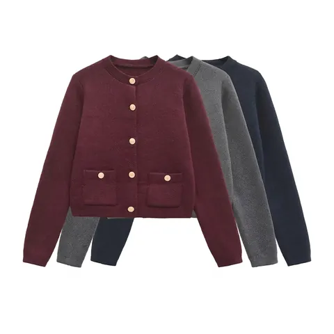 Elegante Damen Polyester Strickjacke Goldene Knöpfe Rundhalsausschnitt Langarm Street Style Einfarbiger Pullover Top