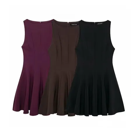 Women Sleeveless A-Line Mini Dress Round Neck Pullover Solid Color Wide Flare Swing Short Dress Elegant Commute Autumn Winter Top