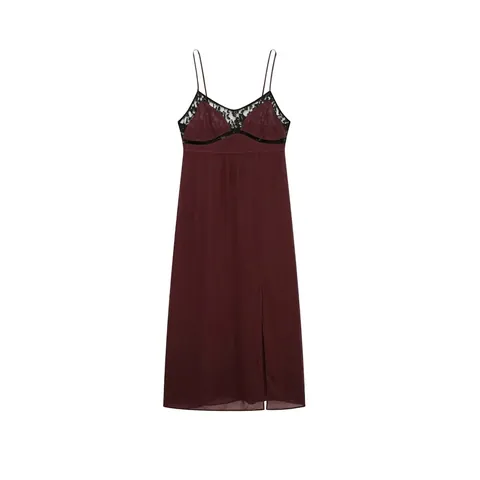Vestido Sexy para Mujer de Satén Borgoña Elegante Cuello en V Patchwork de Encaje Abertura Lateral Vestido Maxi Sin Mangas para Fiesta de Noche Discoteca