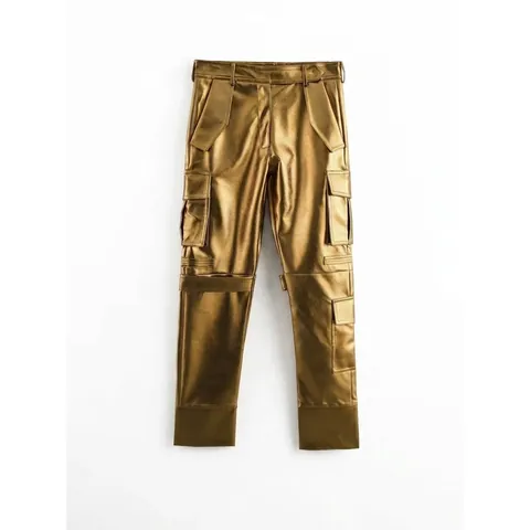 Dames Metallic Goudgeel Hoge Taille Cargo Broek Glanzend PU Leer Streetwear Losse Hip Hop Harem Broek Met Meerdere Zakken