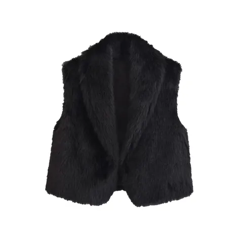Women Faux Fur Vest Streetwear Style Solid Black Waistcoat Sleeveless Lapel Outerwear Winter Warm Faux Fur Coat For Ladies