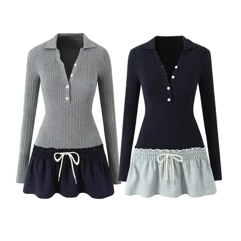 Women Casual Faux Two Piece Ribbed Knit Patchwork Dress Polo Collar Button Long Sleeve Drawstring Waist Mini Flare Dress