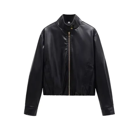 Damen Casual Schwarz PU Lederjacke Stehkragen Reißverschluss Mode Streetwear Kunstleder Mantel Langarm Outerwear Top