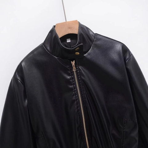 Damen Casual Schwarz PU Lederjacke Stehkragen Reißverschluss Mode Streetwear Kunstleder Mantel Langarm Outerwear Top