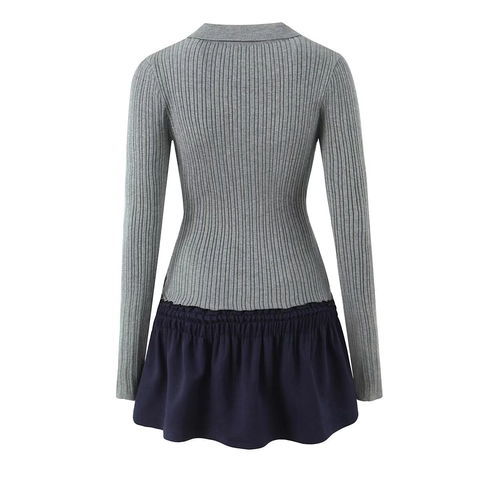 Women Casual Faux Two Piece Ribbed Knit Patchwork Dress Polo Collar Button Long Sleeve Drawstring Waist Mini Flare Dress