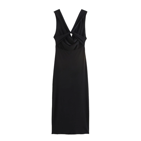 Sexy Backless Midi Bodycon Dress Cowl Neck Ruched Sleeveless Knot Back Cross Strap Elegant Evening Party Long Dress For Women
