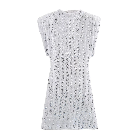 Women Sequin Sleeveless Mini Dress Elegant Shoulder Pad Bodycon Night Club Party Evening Dress Sparkly Slim Fit Short Dress