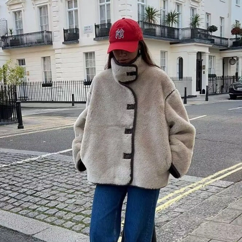 Giacca da Donna Casual in Pelliccia Sintetica di Montone Con Bordi a Contrasto Collo Alto Cappotto Caldo Invernale Elegante