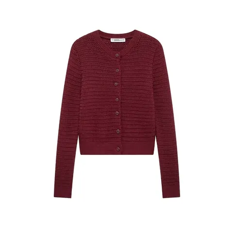 Women's Burgundy Round Neck Knitted Cardigan Long Sleeve Button Up Textured Solid Color Casual Winter Sweater Top