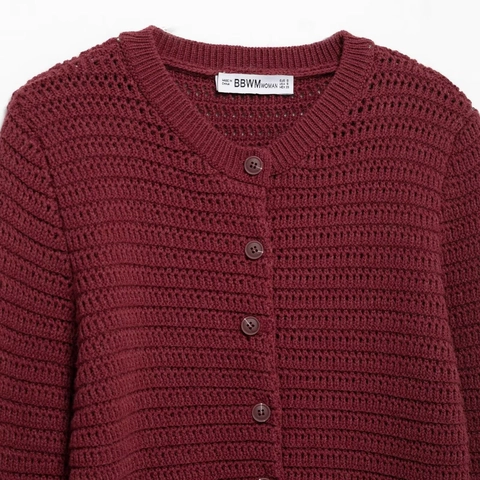 Women's Burgundy Round Neck Knitted Cardigan Long Sleeve Button Up Textured Solid Color Casual Winter Sweater Top
