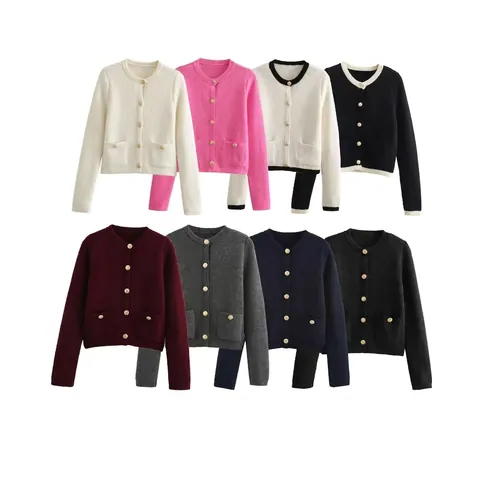 Giacca in Maglia Casual da Donna Girocollo Manica Lunga Con Bottoni Dorati Elegante Maglione Tinta Unita Capispalla