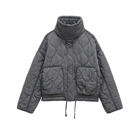 Giacca Trapuntata in Tencel Casual da Donna Collo Alto Cappotto Imbottito Comodo Con Tasche Coulisse Orlo Tinta Unita Inverno