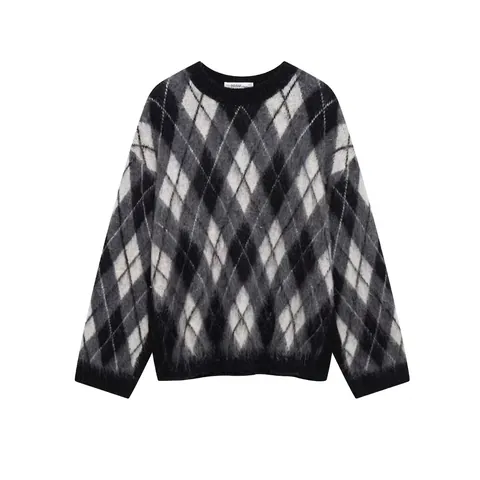 Suéter de Punto de Rombos Casual para Mujer Cuello Redondo Manga Larga Bloque de Color Suéter Suave Moda de Invierno