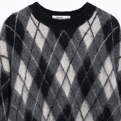 Suéter de Punto de Rombos Casual para Mujer Cuello Redondo Manga Larga Bloque de Color Suéter Suave Moda de Invierno