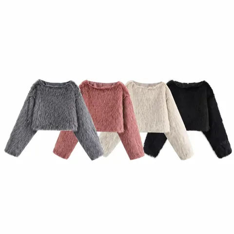 Women Casual Faux Fur Pullover Top Round Neck Long Sleeve Short Fuzzy Sweatshirt Solid Streetwear Autumn Winter Outwear
