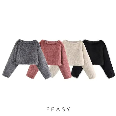 Women Casual Faux Fur Pullover Top Round Neck Long Sleeve Short Fuzzy Sweatshirt Solid Streetwear Autumn Winter Outwear