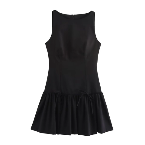 Women Sleeveless Round Neck Bow Mini Dress Solid Color Pleated Hem Ruffle Slim Fit Elegant Sophisticated Commuter Polyester Dress