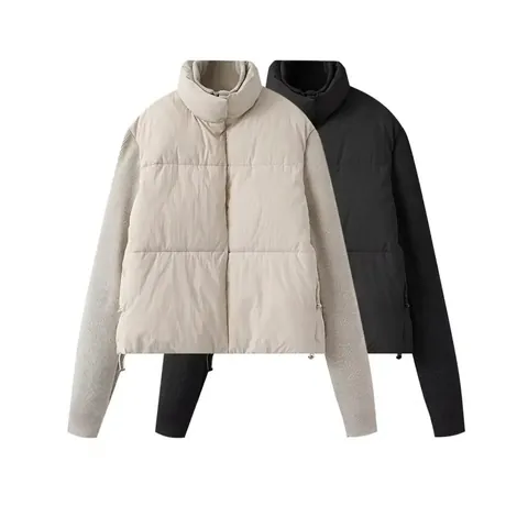 Chaqueta Acolchada de Patchwork para Mujer Manga Larga de Punto Cuello Alzado Dobladillo con Cordón Invierno Streetwear Abrigo
