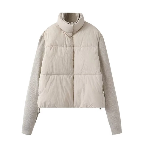 Chaqueta Acolchada de Patchwork para Mujer Manga Larga de Punto Cuello Alzado Dobladillo con Cordón Invierno Streetwear Abrigo