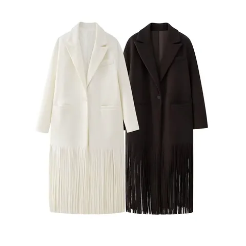 Cappotto Blazer Lungo da Donna Street Fashion Orlo con Frange Rever a Tacche Monopetto Tinta Unita in Poliestere
