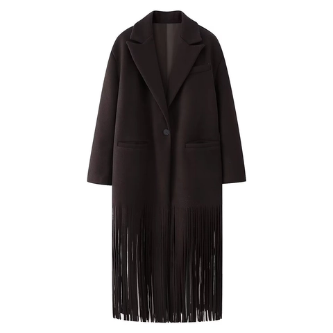 Cappotto Blazer Lungo da Donna Street Fashion Orlo con Frange Rever a Tacche Monopetto Tinta Unita in Poliestere