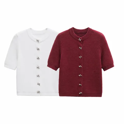 Women Elegant Sweet Short Sleeve Knit Cardigan Round Neck Bow Metal Button Plush Texture Knitwear Sweater Top
