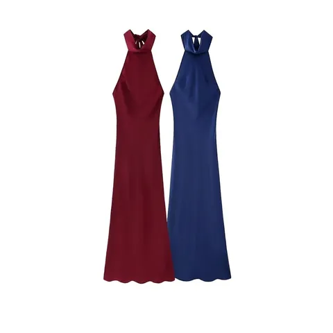 Vestido Largo de Satén para Mujer Cuello Halter Espalda Descubierta Elegante Lazo Sin Mangas Línea A Noche Fiesta Rojo Vino