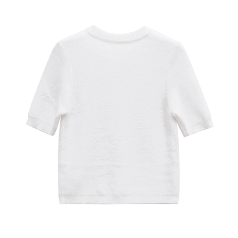 Gilet en Tricot Élégant et Doux pour Femmes Manches Courtes Col Rond Boutons Métalliques Nœud Pull Texture Pelucheuse