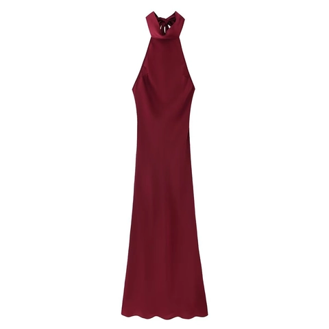 Vestido Largo de Satén para Mujer Cuello Halter Espalda Descubierta Elegante Lazo Sin Mangas Línea A Noche Fiesta Rojo Vino
