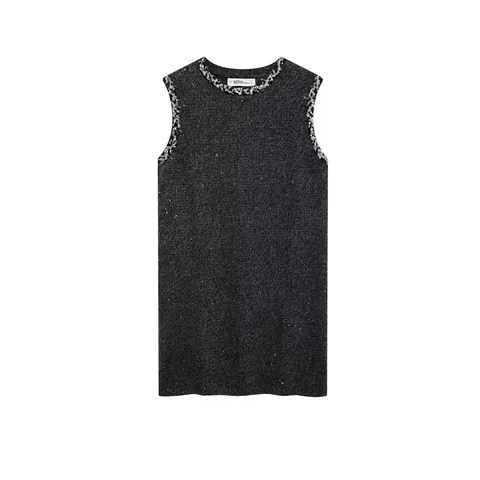Robe Mini en Tricot à Paillettes Sans Manches Pour Femmes Élégante Style Tweed Ornée de Franges Gris Foncé Robe de Fête et de Navette