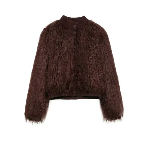 Women Faux Fur Knit Jacket Solid Color Round Neck Long Sleeve Cardigan With Ribbed Trim Single Breasted Outerwear For Autumn Winter