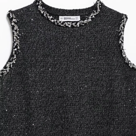 Robe Mini en Tricot à Paillettes Sans Manches Pour Femmes Élégante Style Tweed Ornée de Franges Gris Foncé Robe de Fête et de Navette