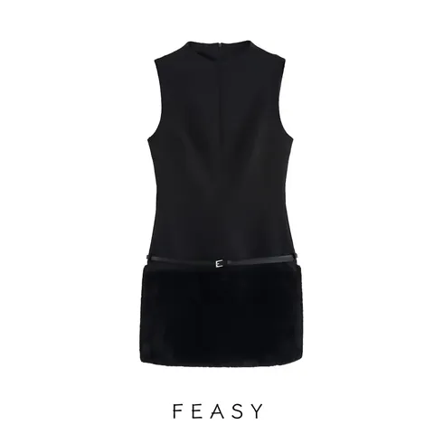 Robe Sans Manches pour Femme avec Col Rond et Ceinture Patchwork en Fausse Fourrure Noir Coupe Slim Navettage Mini Robe