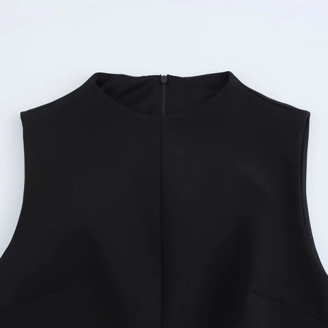 Robe Sans Manches pour Femme avec Col Rond et Ceinture Patchwork en Fausse Fourrure Noir Coupe Slim Navettage Mini Robe