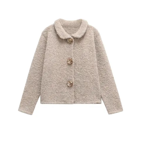Chaqueta Bouclé de Piel Sintética Vintage para Mujer Con Botones de Flor Avena Cárdigan de Punto de Manga Larga