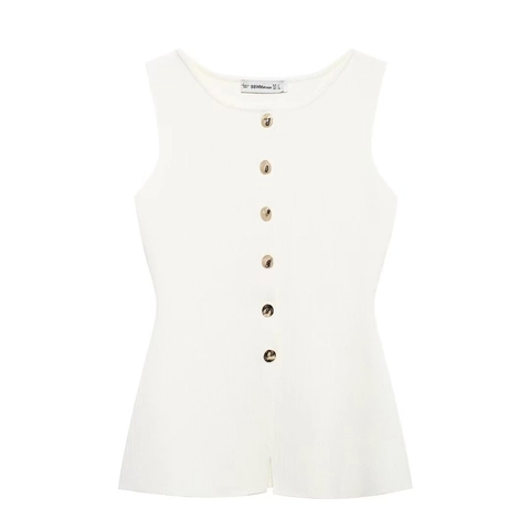 Chaleco de Punto Sin Mangas Casual para Mujer Botón Dorado Cuello Redondo Dobladillo con Abertura Color Sólido