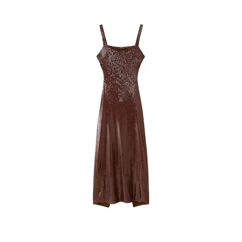 Femmes Élégant Marron Paillettes Robe Cami Sexy Dos Nu Ajouré Fente Latérale Robe Maxi Fête Banquet Soirée Sans Manches