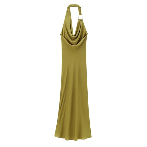 Damen Halter Wasserfallausschnitt Satin Midi Kleid Elegant Rückenfrei Bodycon Abendparty Kleid Mit Metallring Detail Olivgrün