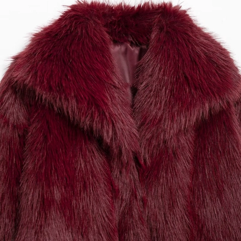Damen Faux Pelz Jacke Winter Oberbekleidung Weinrot Langarm Revers Mantel Elegant Zottelig Plüsch Kurzjacke Für Damen