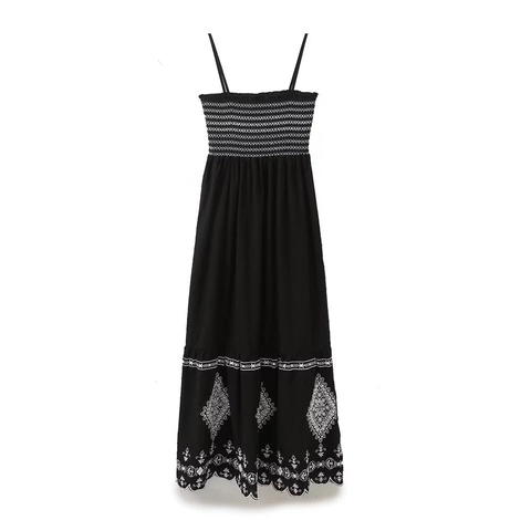 Damen Boho Spaghettiträger Maxikleid Mit Gesmoktem Oberteil Weiße Geometrische Stickerei Baumwollmischung Ärmelloses A-Linien-Langes Kleid