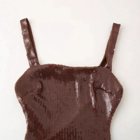 Femmes Élégant Marron Paillettes Robe Cami Sexy Dos Nu Ajouré Fente Latérale Robe Maxi Fête Banquet Soirée Sans Manches